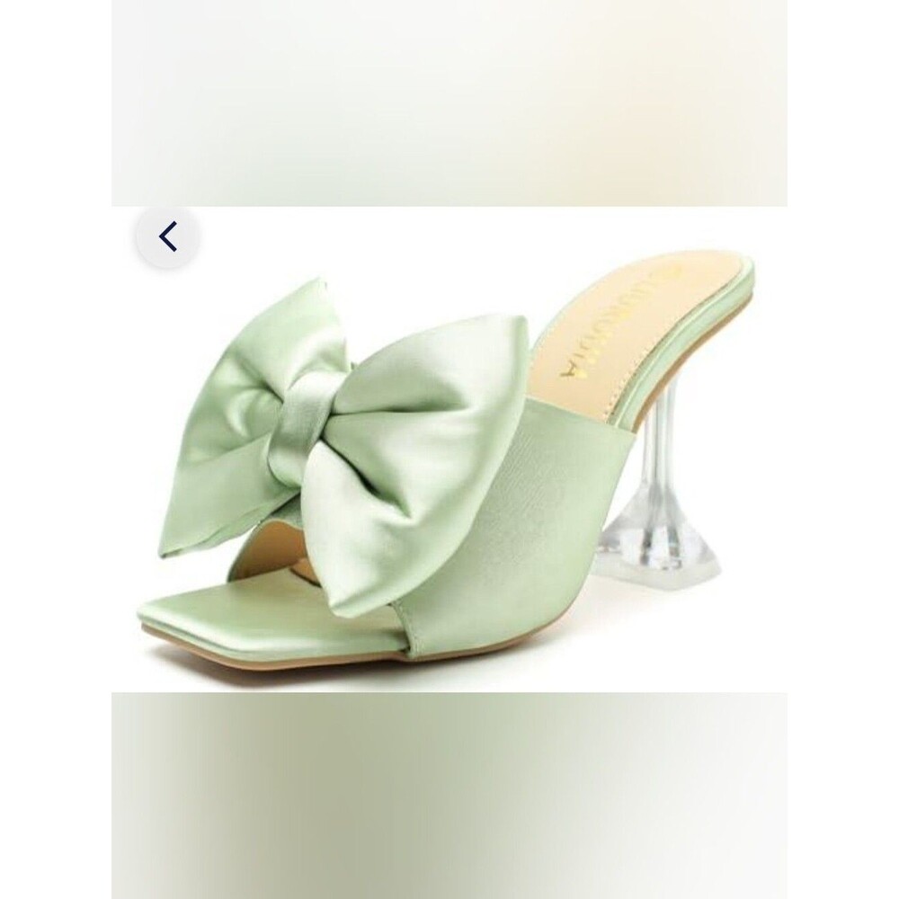 Sandals Liquid Satin Mint Sage Green Bow Square Toe Acrylic Heel 8.5